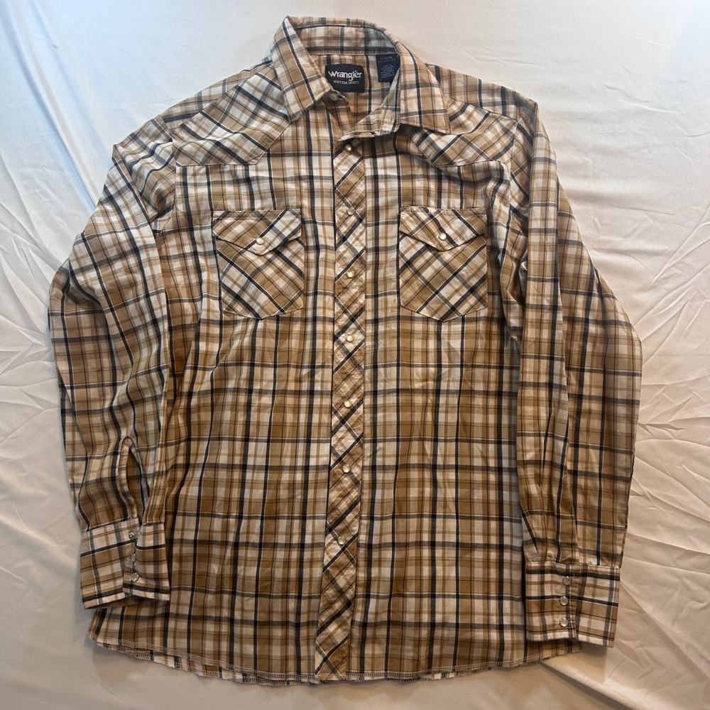Wrangler Western Mens Large Tall LT Tan Plaid Pearl Snap Long Sleeve Shirt